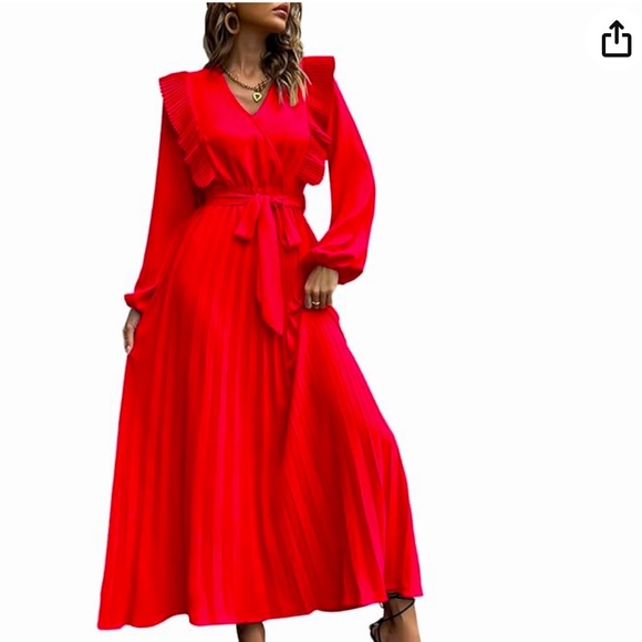 Dresses Long Pleated Red Dress With Belt And Band On The Waist Poshmark